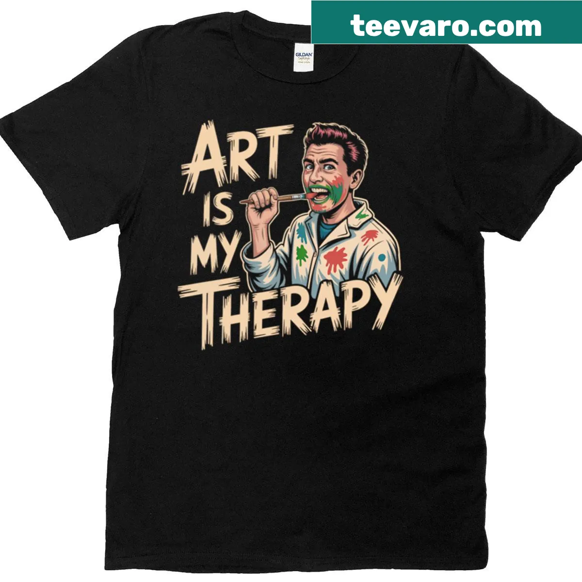 T-shirt featuring an illustration of a painter with the phrase 'Art Is My Therapy.' — on a men's t-shirt