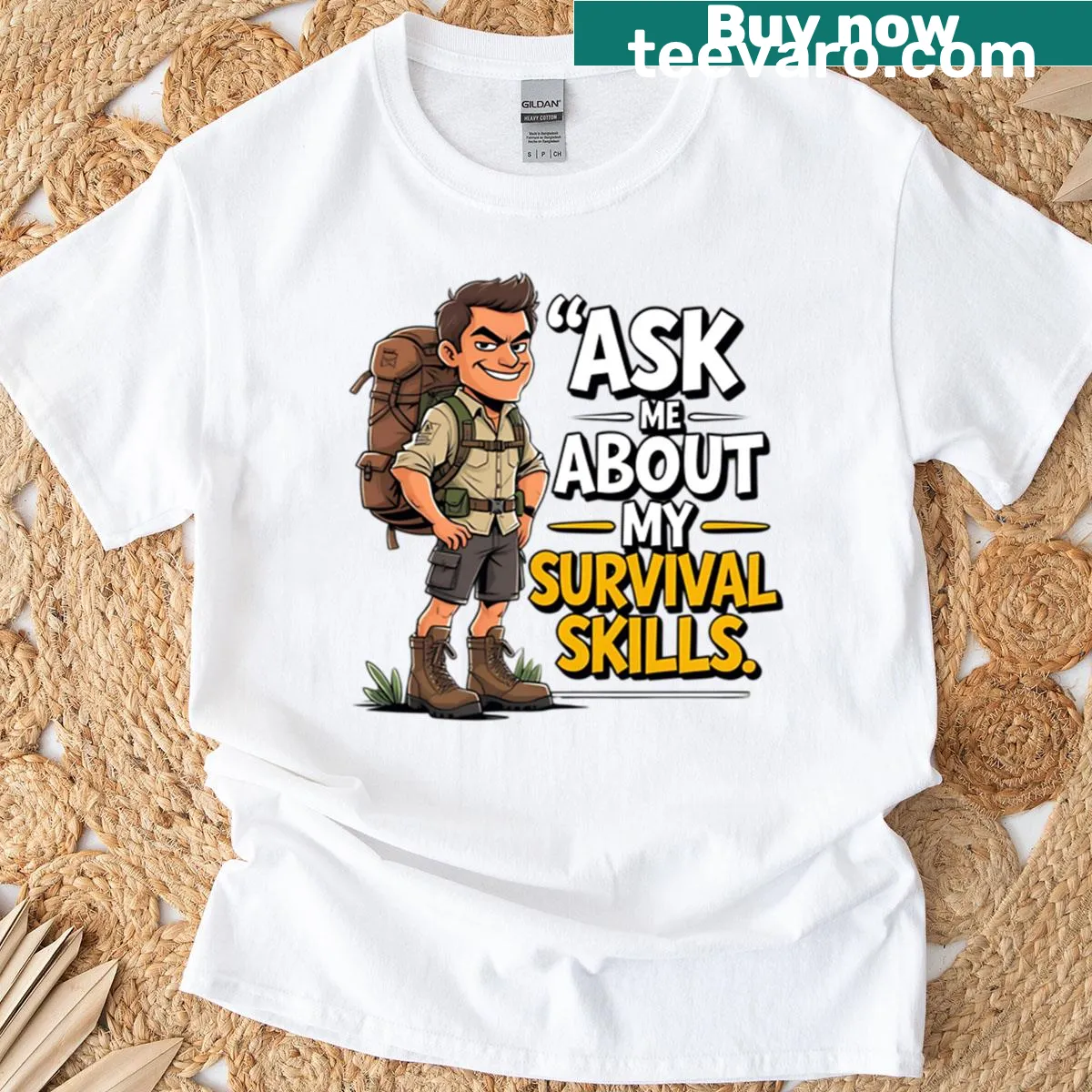 Outdoor adventure shirt with 'Ask Me About My Survival Skills' text — on a men's t-shirt