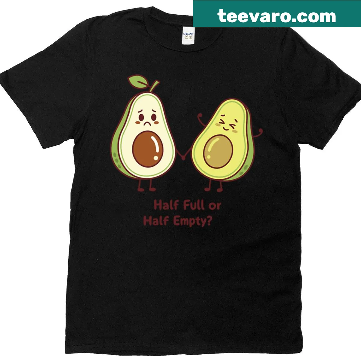 T-shirt featuring a whimsical illustration of happy and sad avocados. — on a men's t-shirt