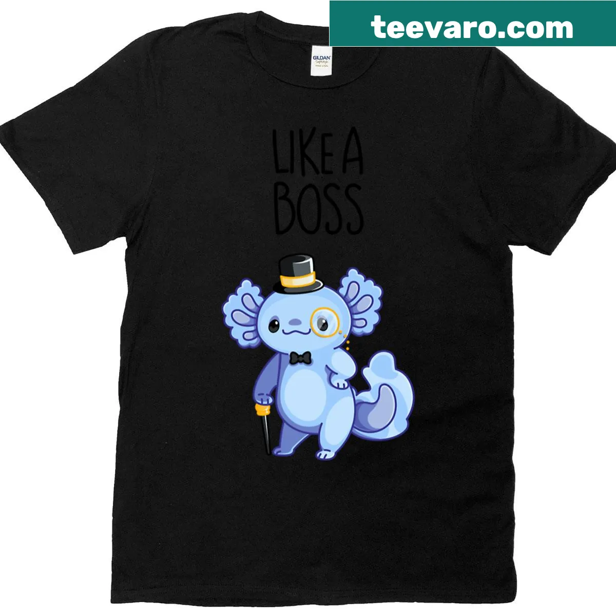 Illustrative t-shirt featuring a gentleman axolotl with bowtie and monocle. — on a men's t-shirt