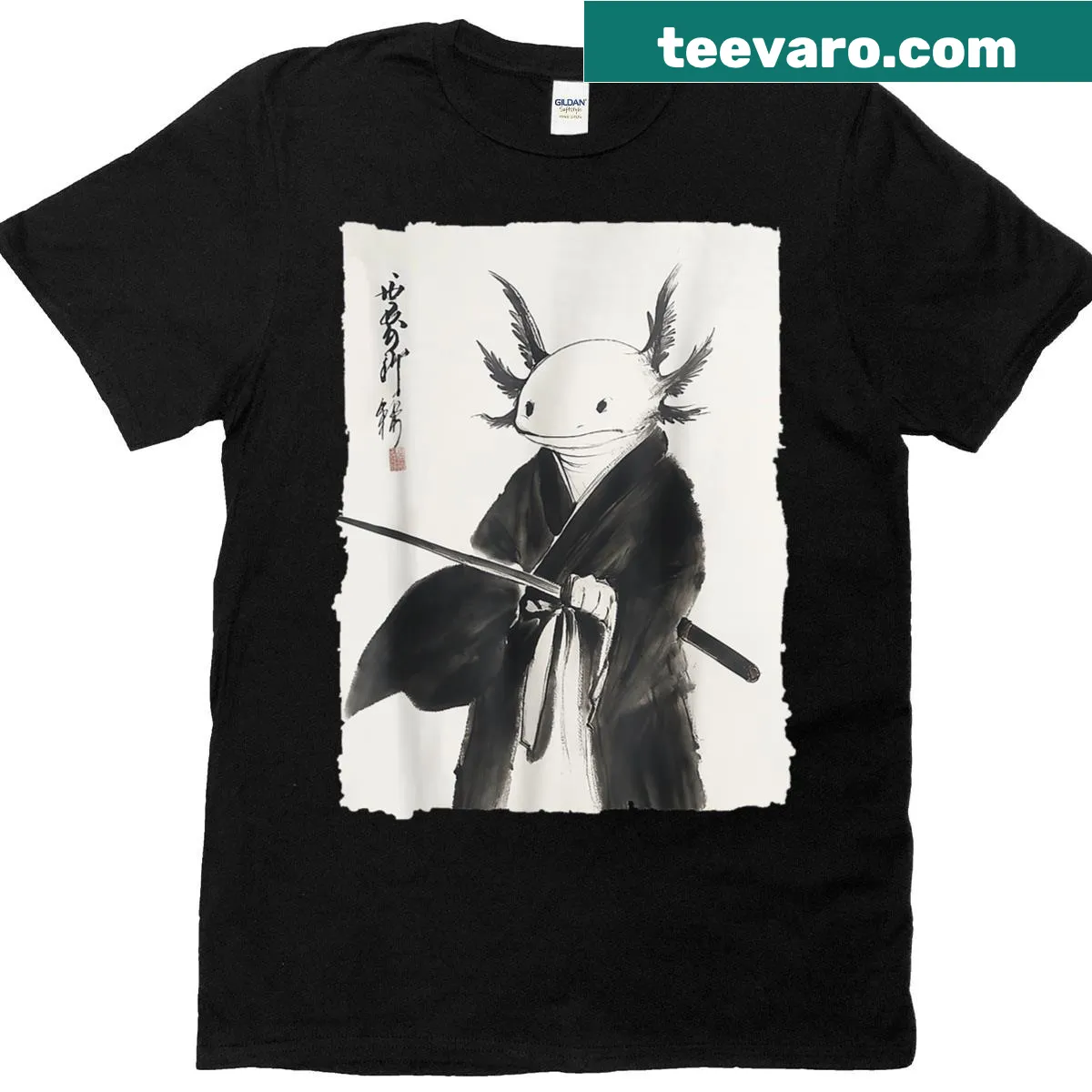 Shirt featuring an axolotl samurai design with vintage illustration — on a men's t-shirt