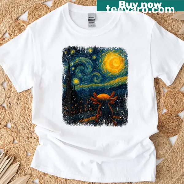 Axolotl design in Van Gogh style on a t-shirt