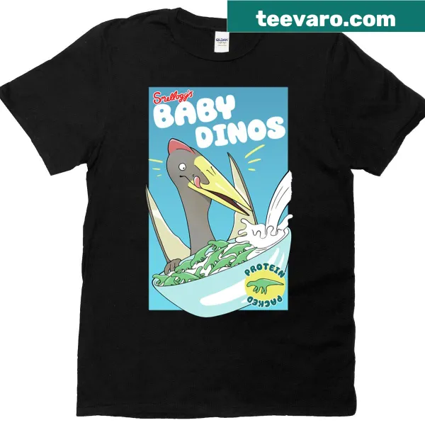 Cute shirt featuring baby dinosaurs and cereal illustrations
