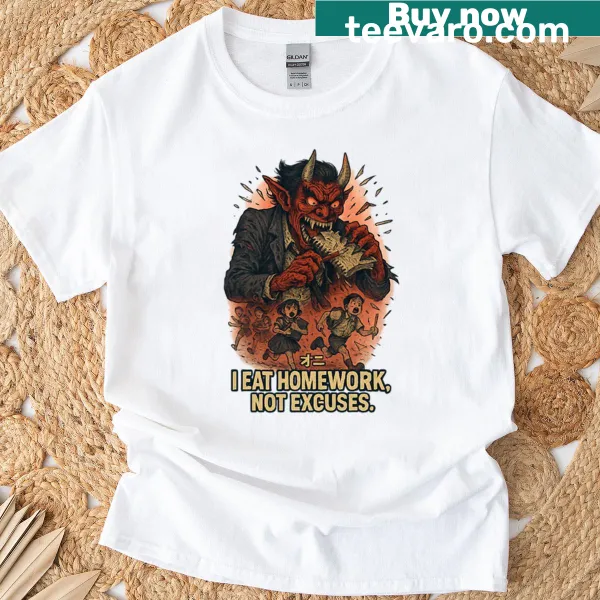 Playful T-shirt featuring an Oni and homework theme