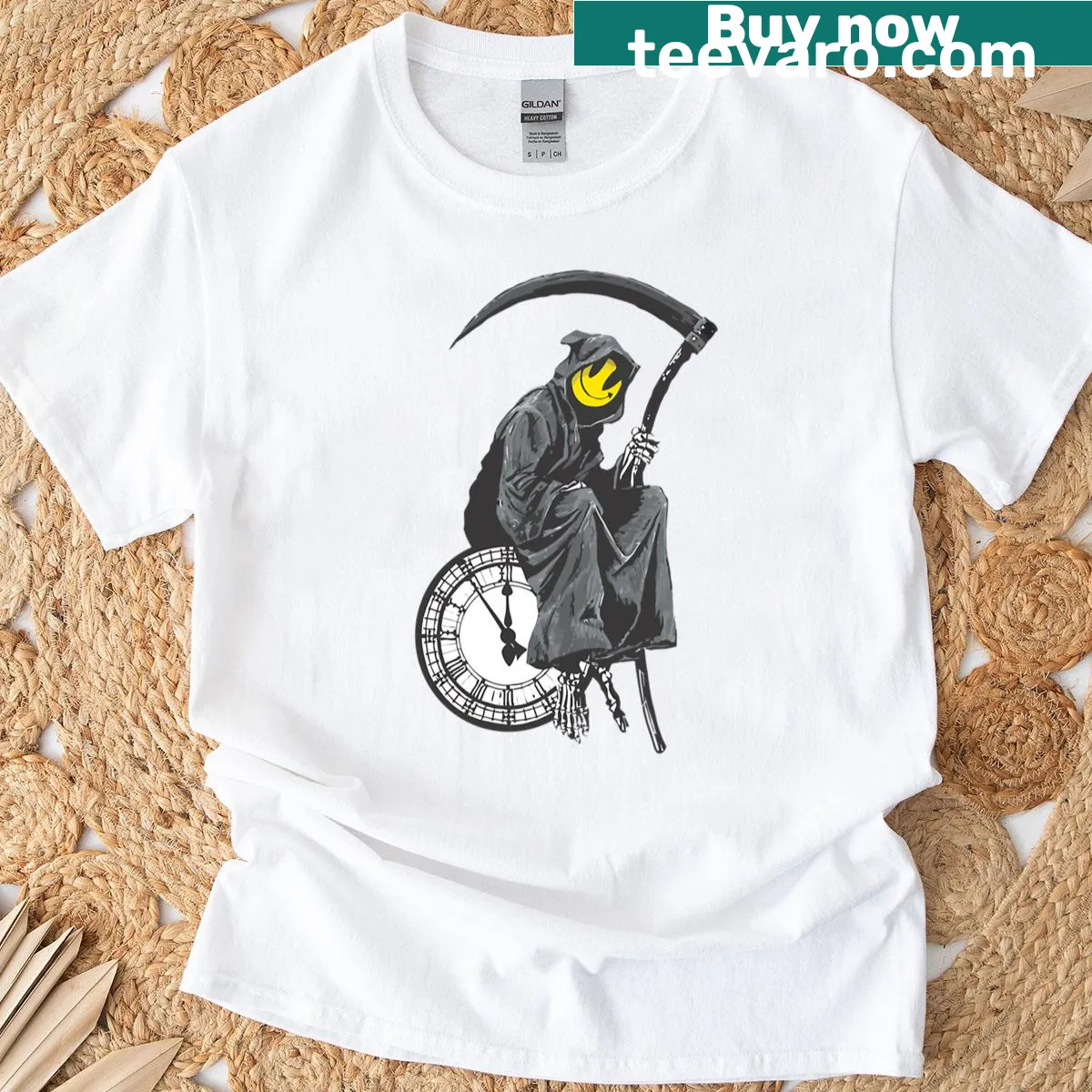 Edgy t-shirt with Banksy-inspired Grim Reaper clock graphic — on a men's t-shirt