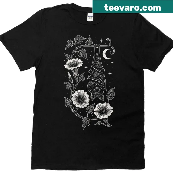 Gothic T-shirt with bat, moon, and floral design