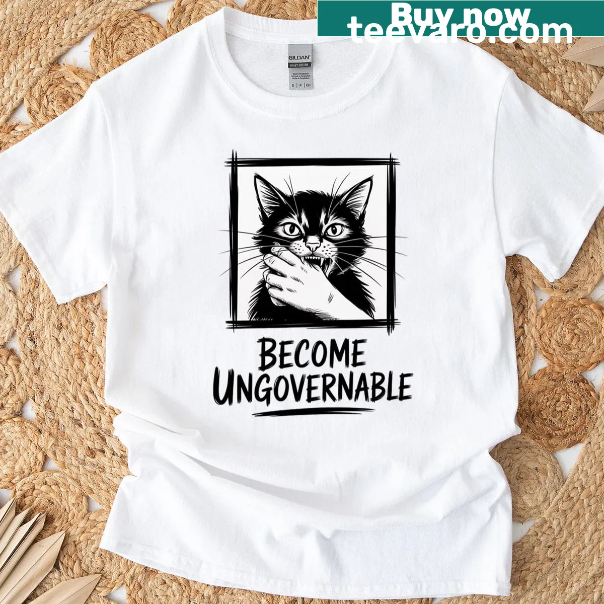 T-shirt with 'Become Ungovernable' text and cat graphic — on a men's t-shirt