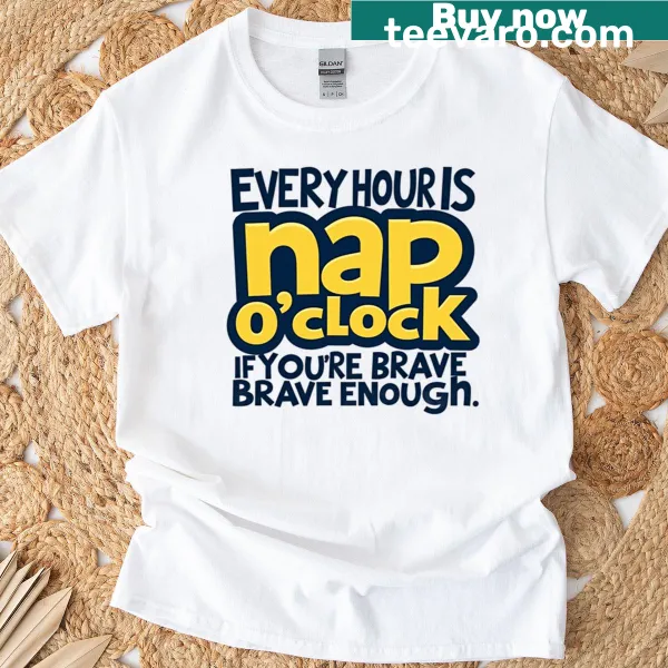 Funny cat clock design t-shirt with the phrase 'Every Hour Is Nap O'clock'
