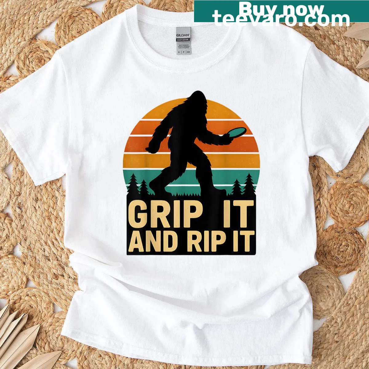 Retro Bigfoot graphic for disc golf T-shirt — on a men's t-shirt