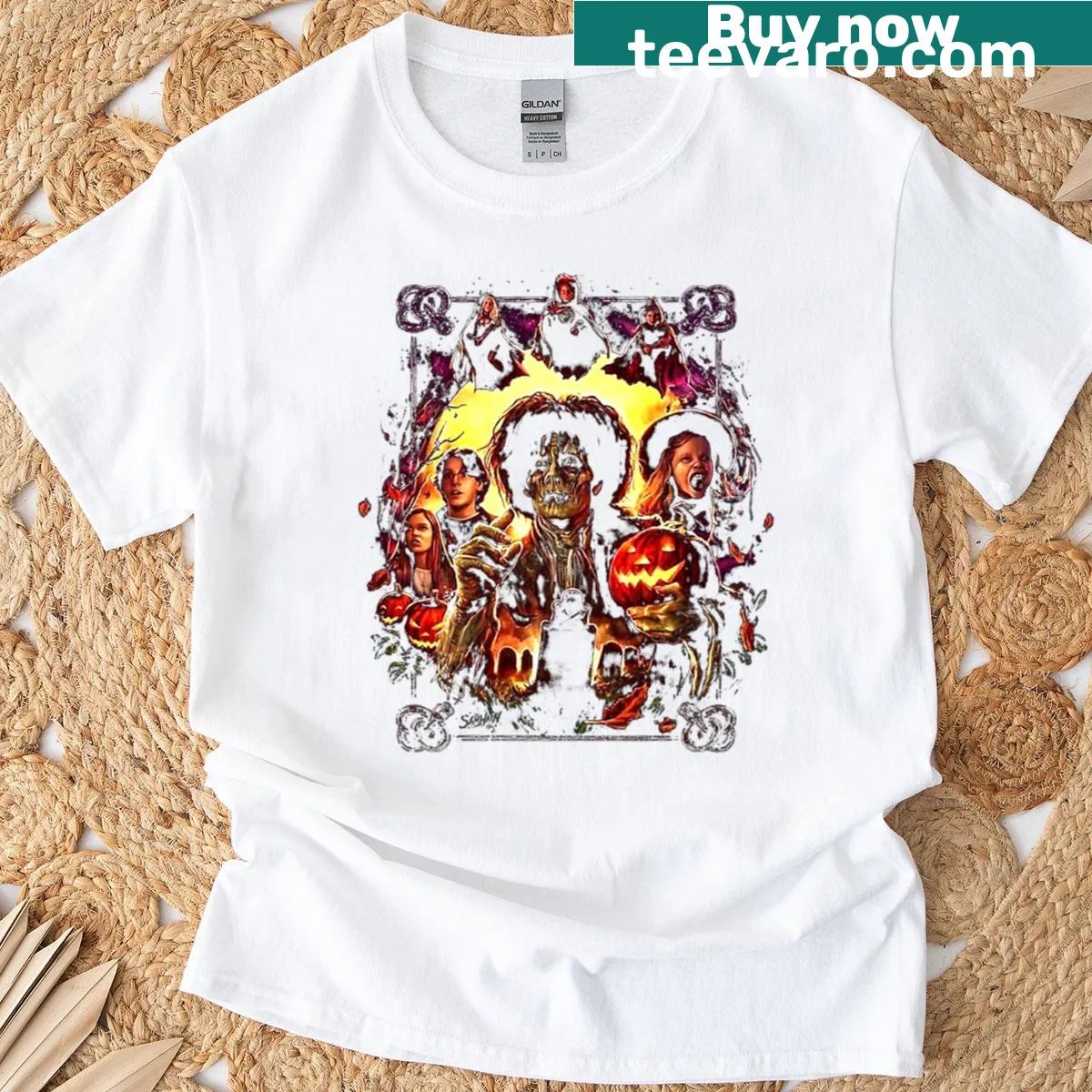 Oversized t-shirt inspired by the movie Hocus Pocus with whimsical graphics — on a men's t-shirt
