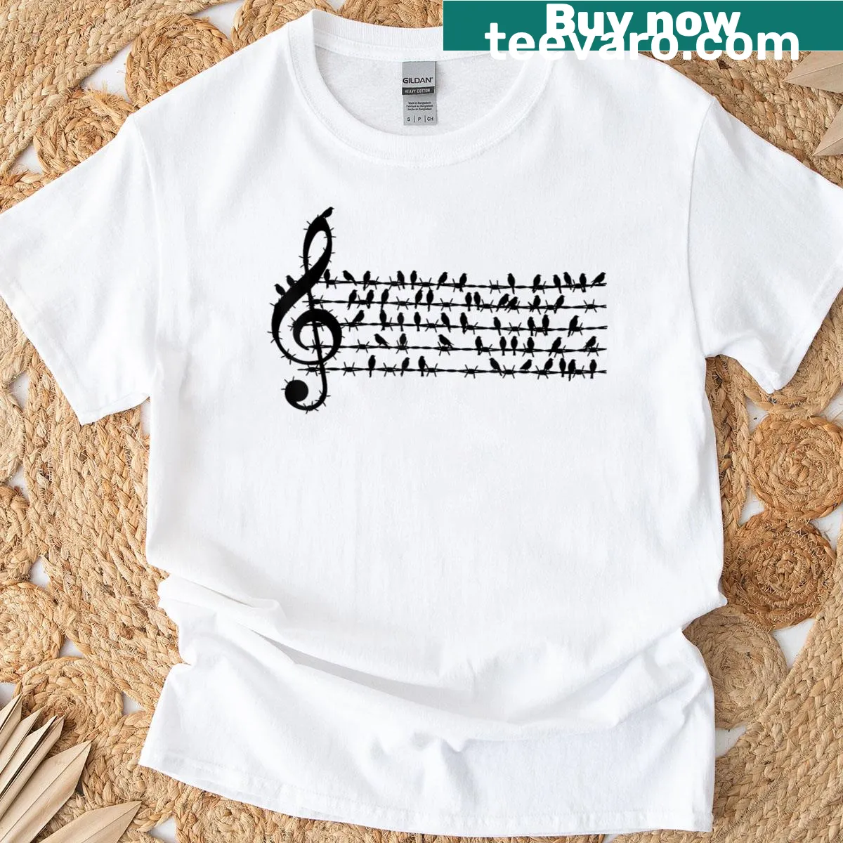 Funny musician t-shirt with a bird on a music note graphic — on a men's t-shirt