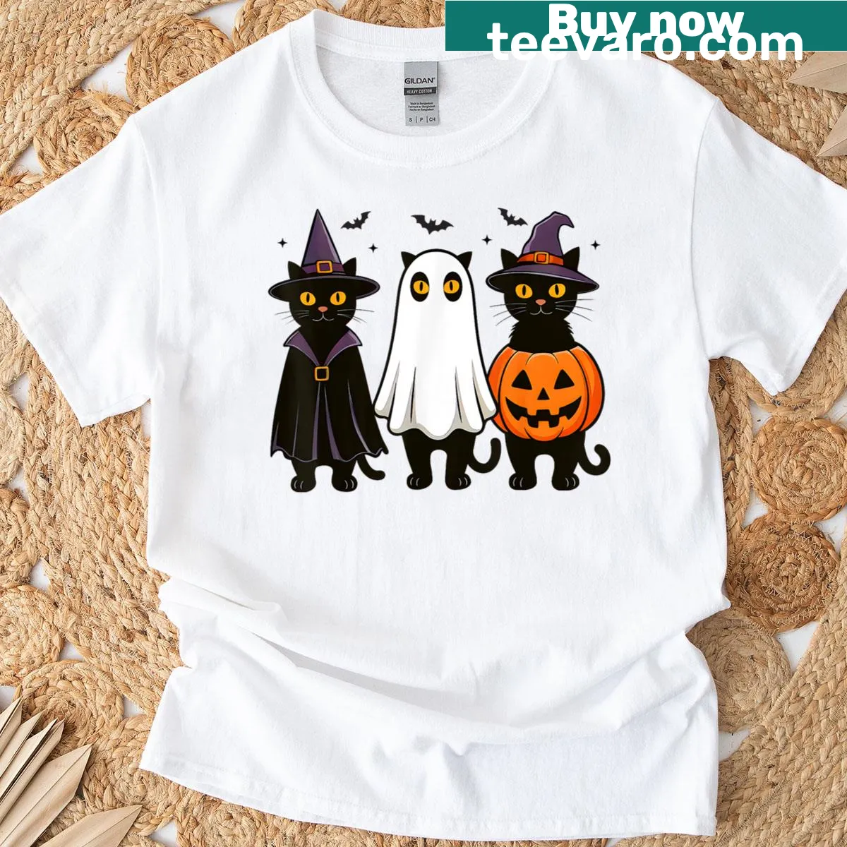T-shirt with a black cat ghost witch design for Halloween — on a men's t-shirt