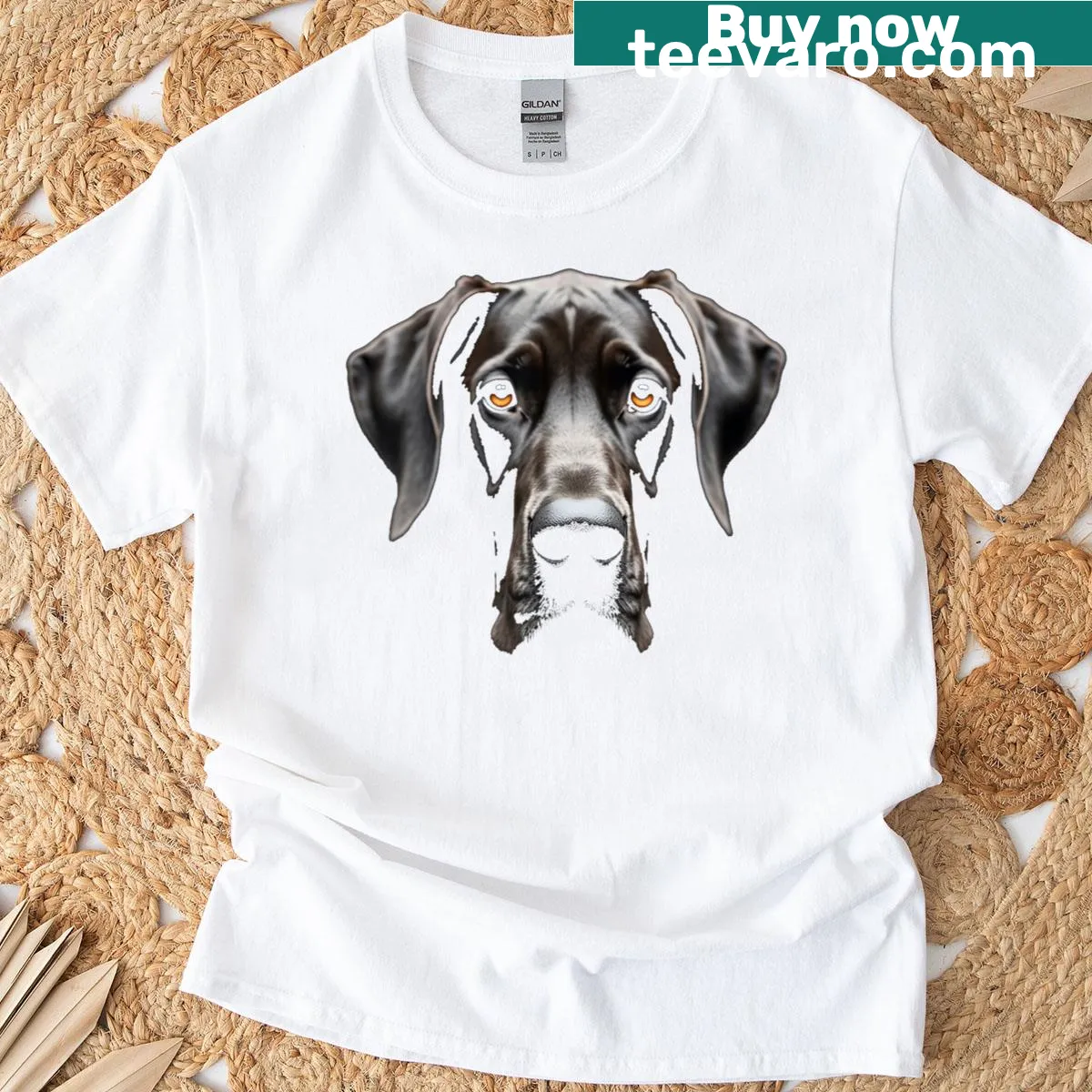 T-shirt featuring a large illustration of a Great Dane's face. — on a men's t-shirt