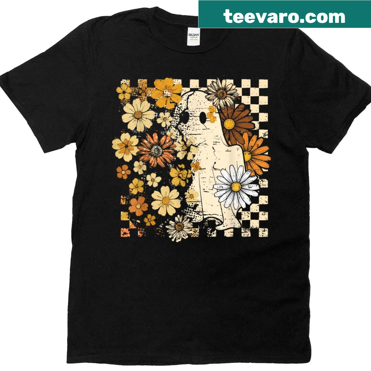 Boho floral T-shirt with ghost illustrations for autumn and Halloween. — on a men's t-shirt