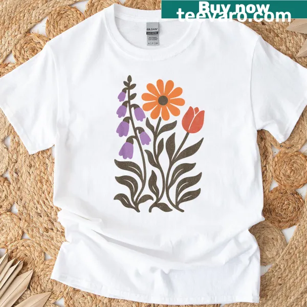 Vintage floral design t-shirt featuring foxgloves, daisies, and tulips