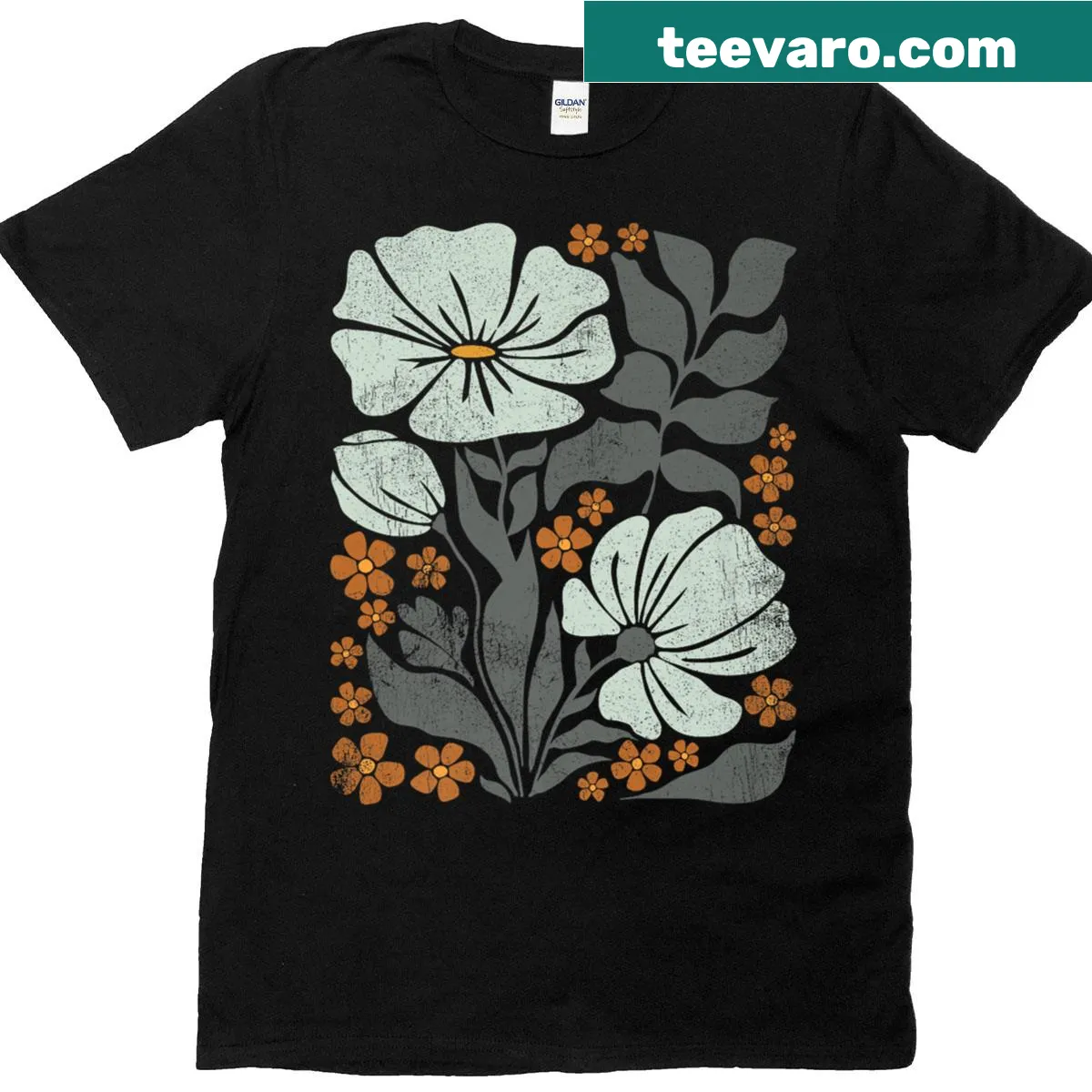 Vintage abstract poppies graphic on a boho style T-shirt. — on a men's t-shirt