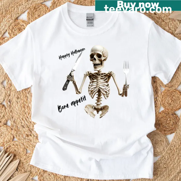 Playful food-themed graphic on Bone Appetit t-shirt