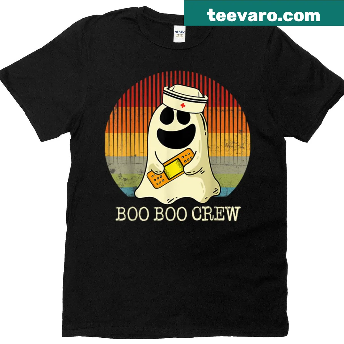 Halloween t-shirt with ghost graphic and 'Boo Boo Crew' text — on a men's t-shirt
