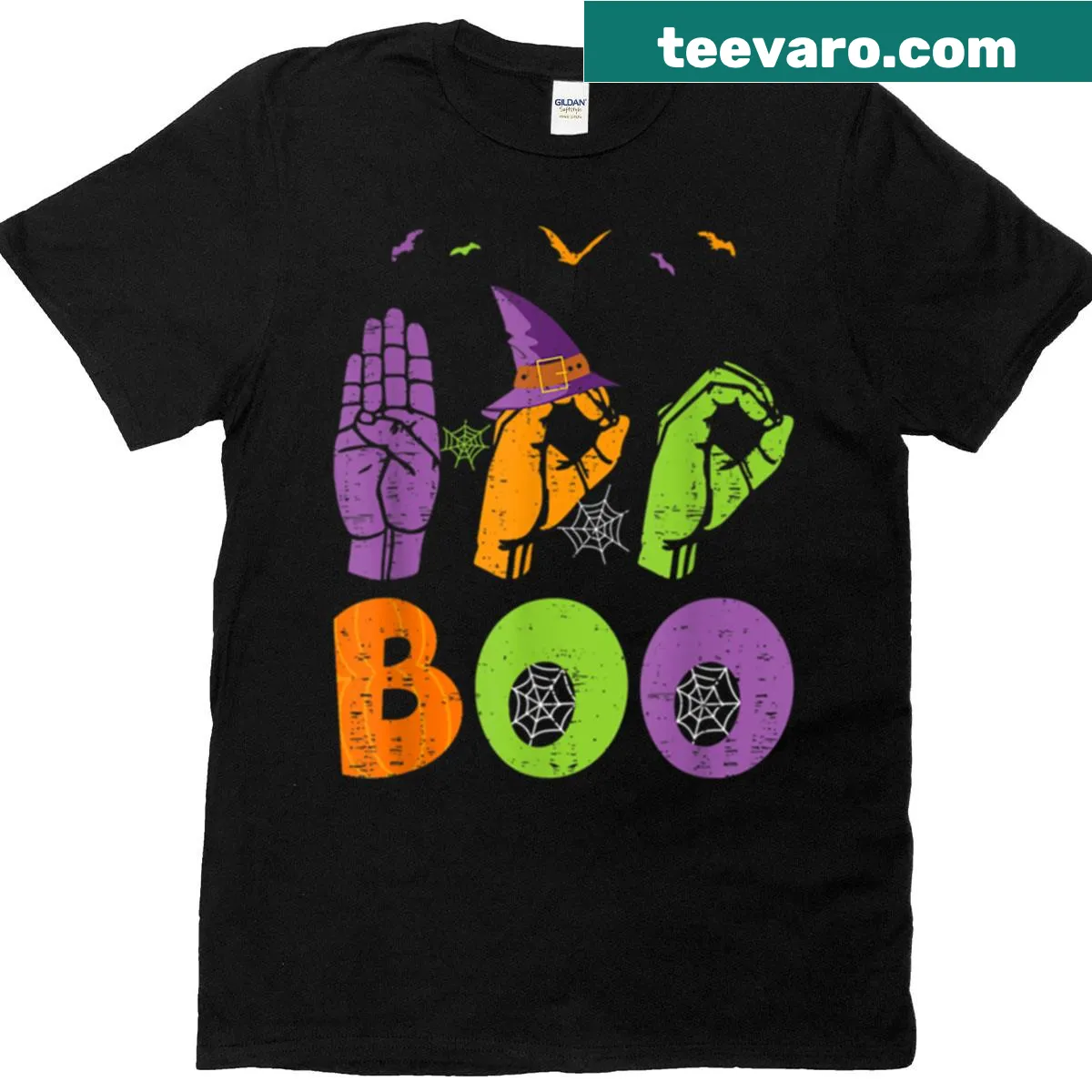 T-shirt with ASL 'Boo' hand graphic for Halloween — on a men's t-shirt