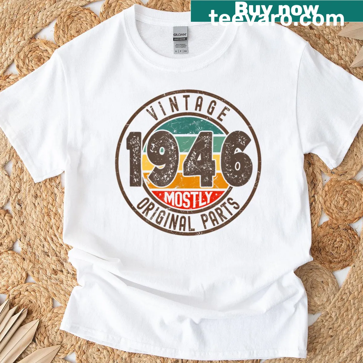 Vintage 1946 birthday shirt with retro 'Mostly Original' text — on a men's t-shirt