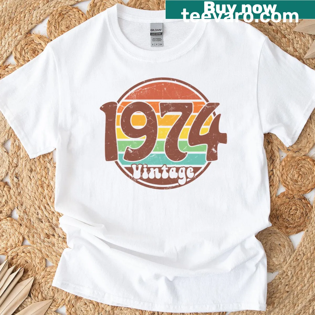 Simple vintage birthday t-shirt for those born in 1974 — on a men's t-shirt
