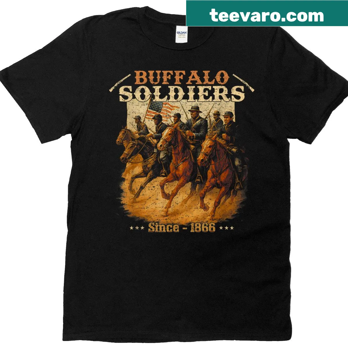 Graphic honoring Buffalo Soldiers on an African American culture t-shirt — on a men's t-shirt