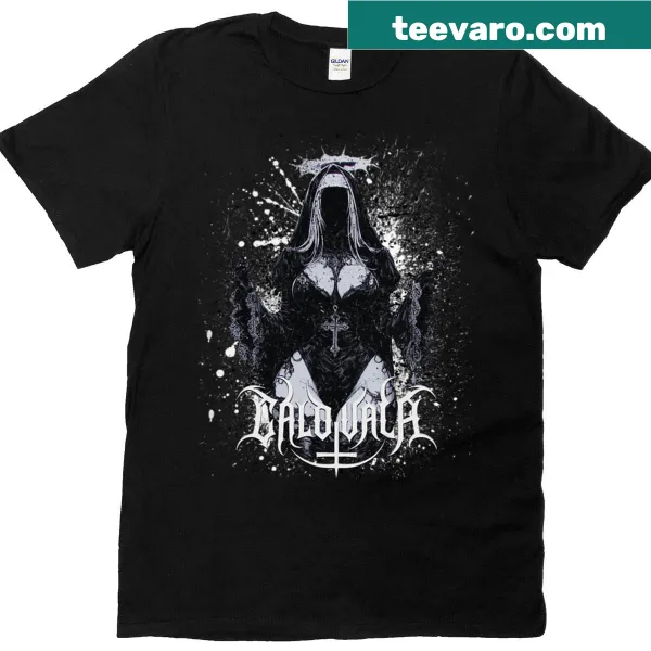 Gothic anime nun illustration on a black and white T-shirt.