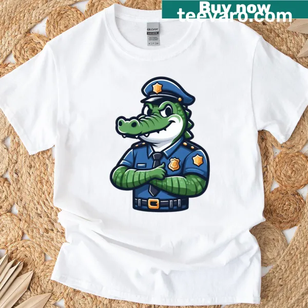 Cartoon T-shirt featuring a crocodile as a police officer with a badge