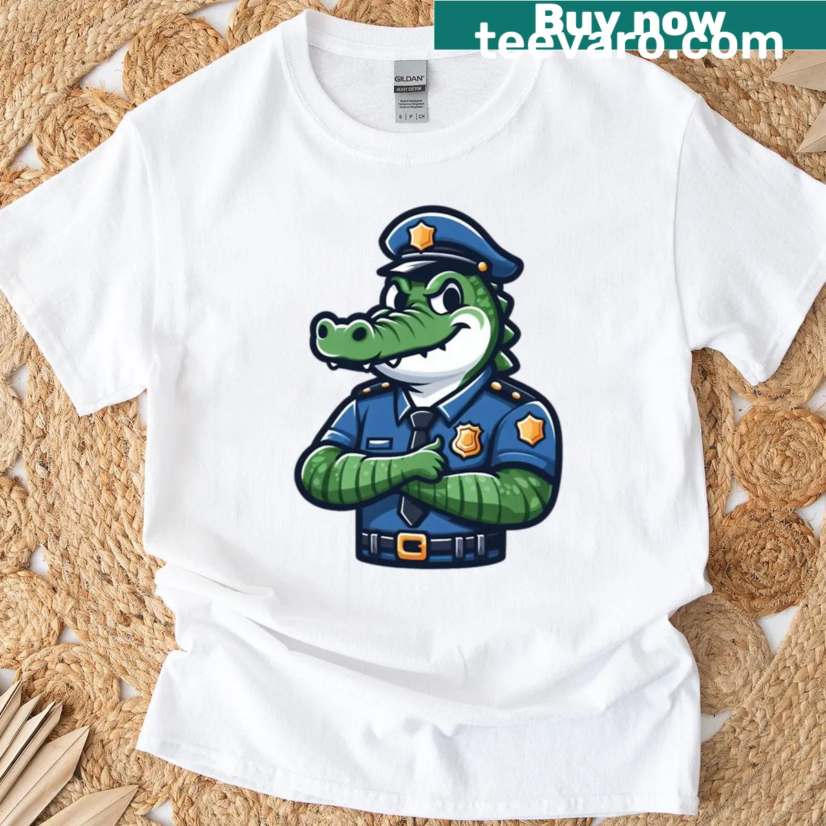 Cartoon T-shirt featuring a crocodile as a police officer with a badge — on a men's t-shirt