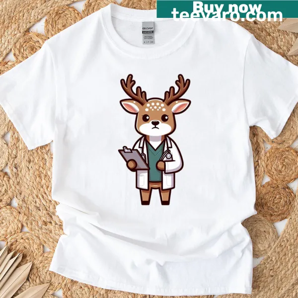 Cartoon deer scientist holding a clipboard on a t-shirt