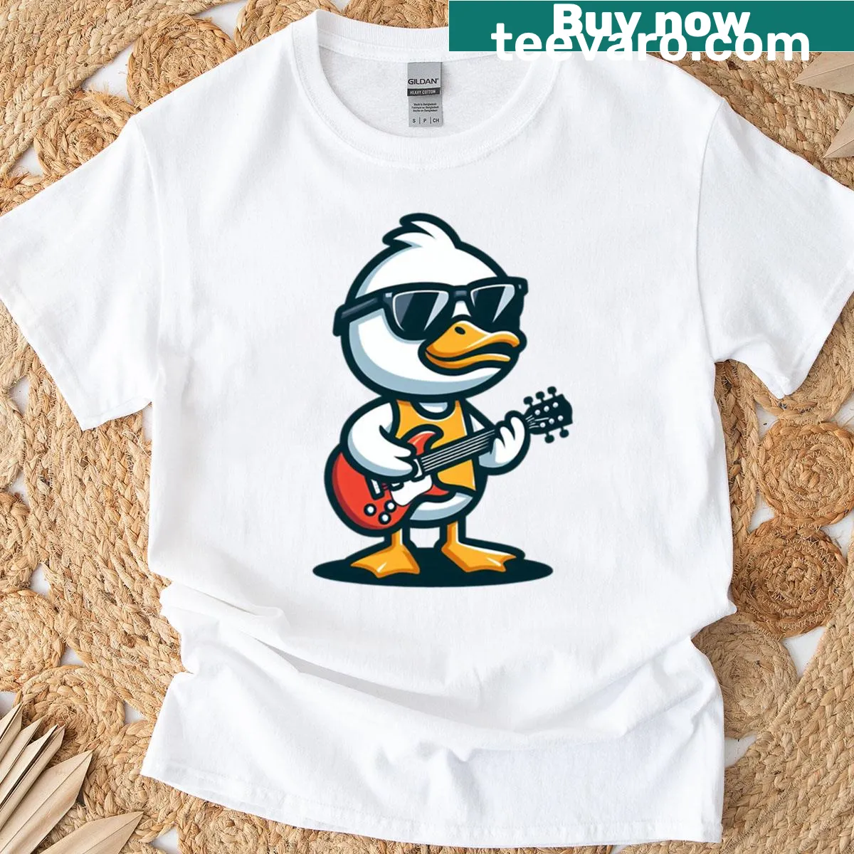Cartoon duck rock guitarist t-shirt with playful design — on a men's t-shirt