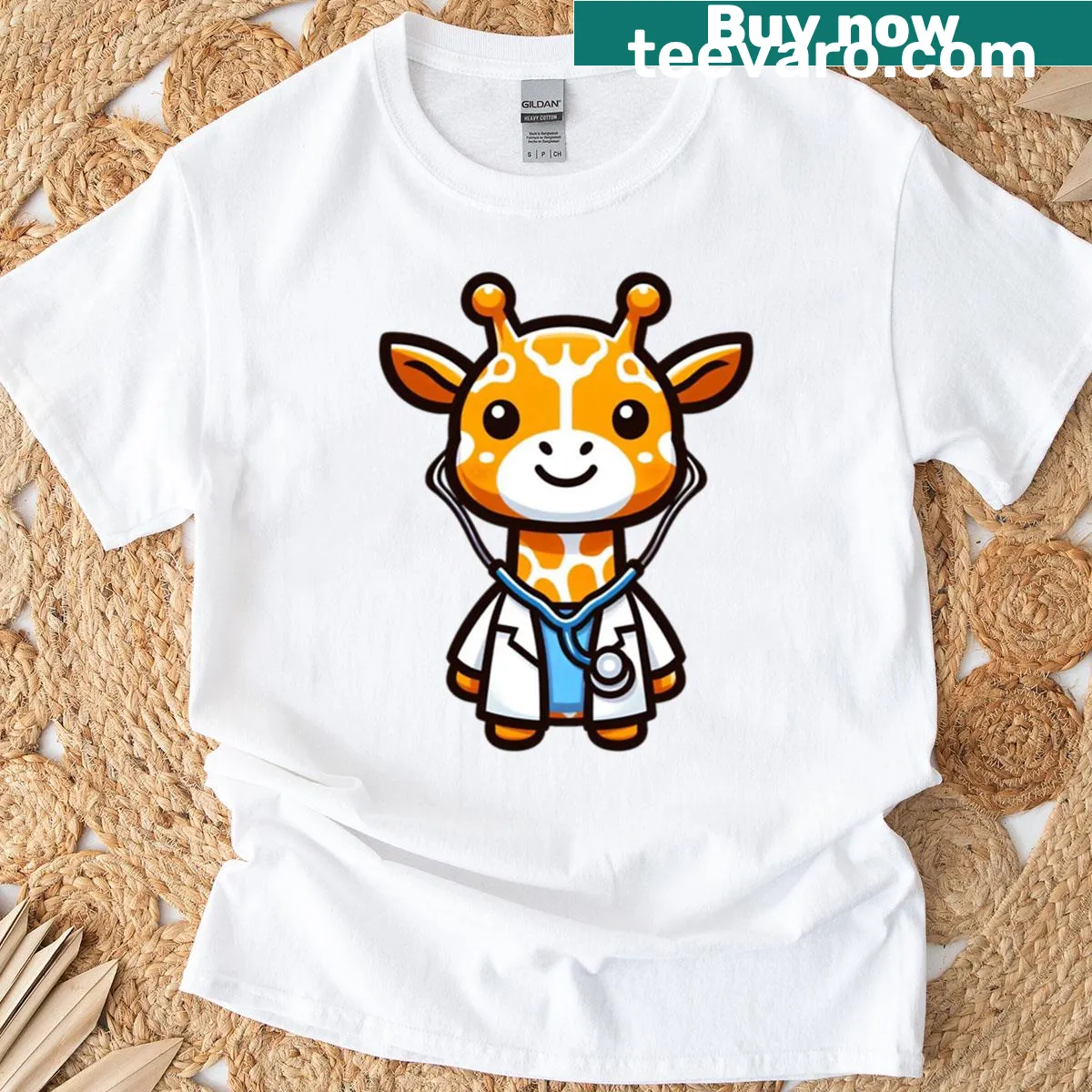 Oversized T-shirt featuring a cartoon giraffe doctor with a stethoscope — on a men's t-shirt