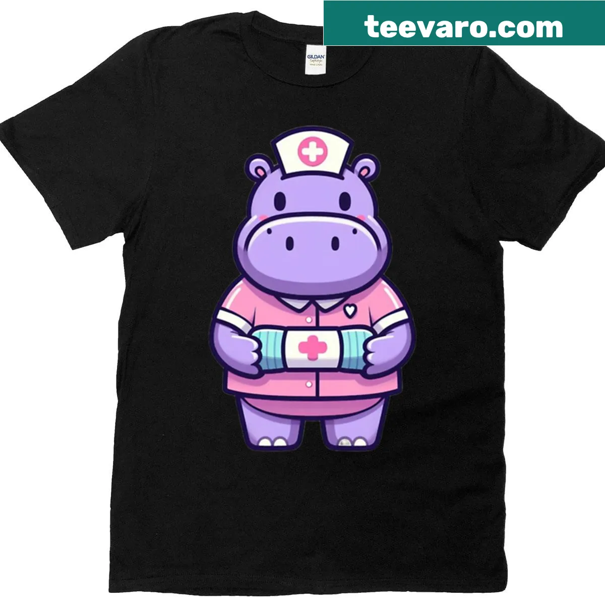 Cute cartoon hippo nurse T-shirt with bandages — on a men's t-shirt