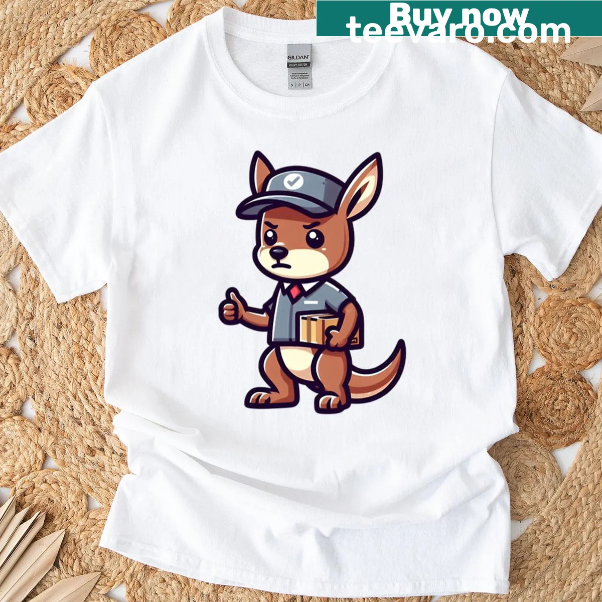 Funny kangaroo delivery worker t-shirt featuring a cartoon kangaroo with a package. — on a men's t-shirt