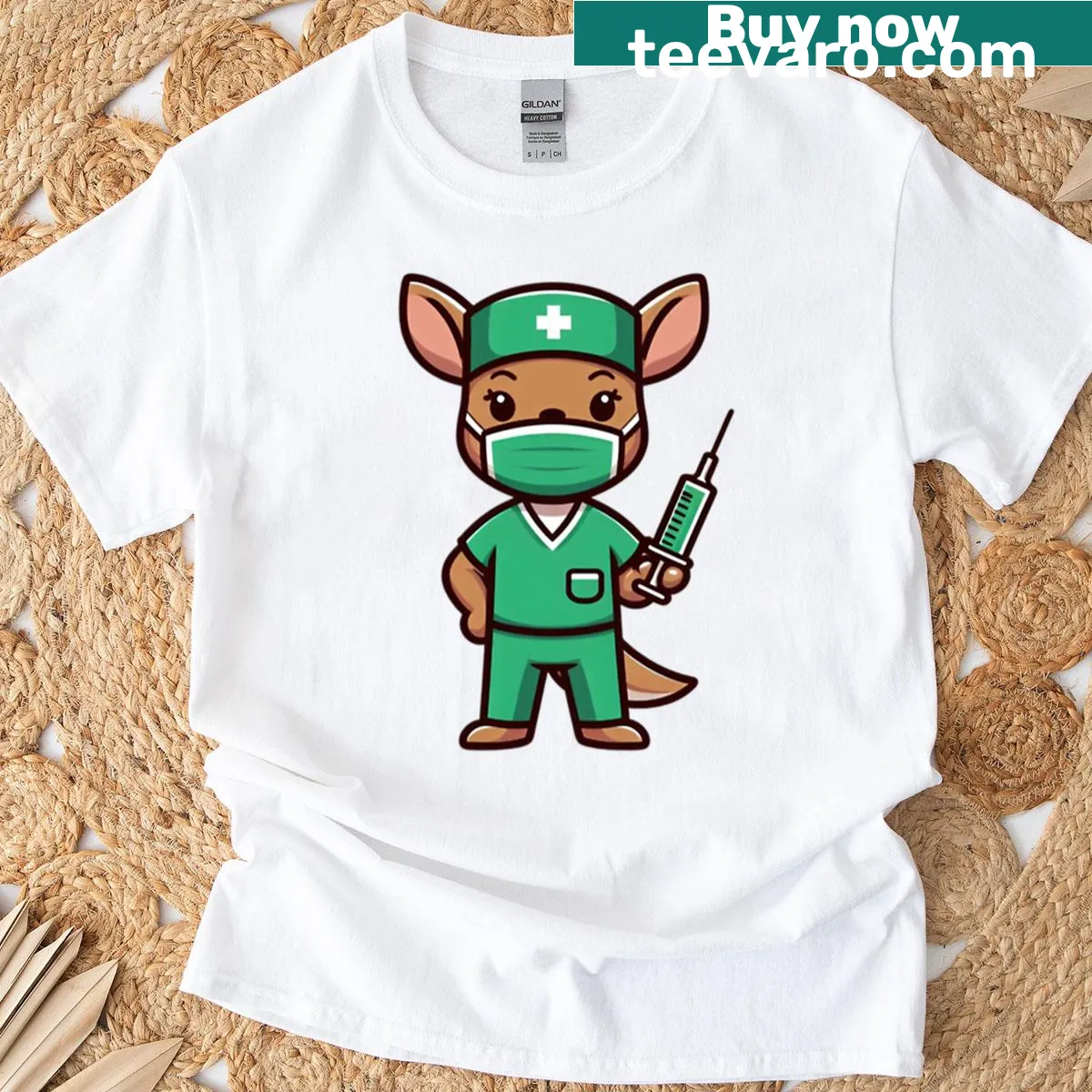 Cartoon kangaroo nurse graphic t-shirt with scrubs and syringe — on a men's t-shirt