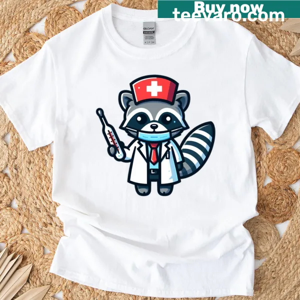 Cartoon raccoon nurse graphic on T-shirt