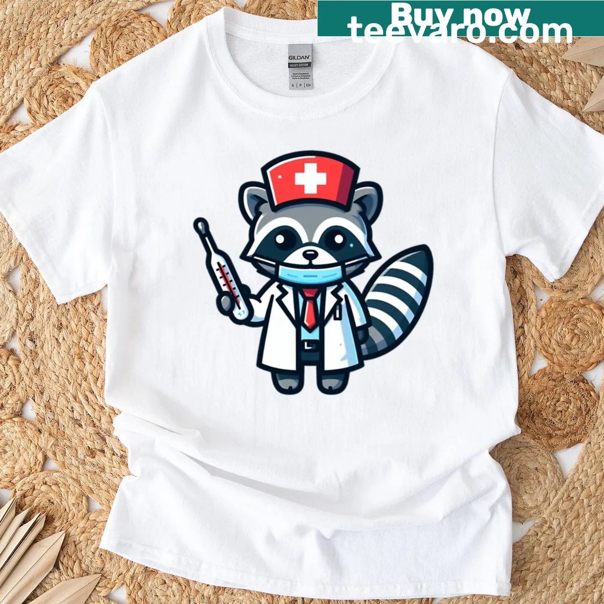 Cartoon raccoon nurse graphic on T-shirt — on a men's t-shirt