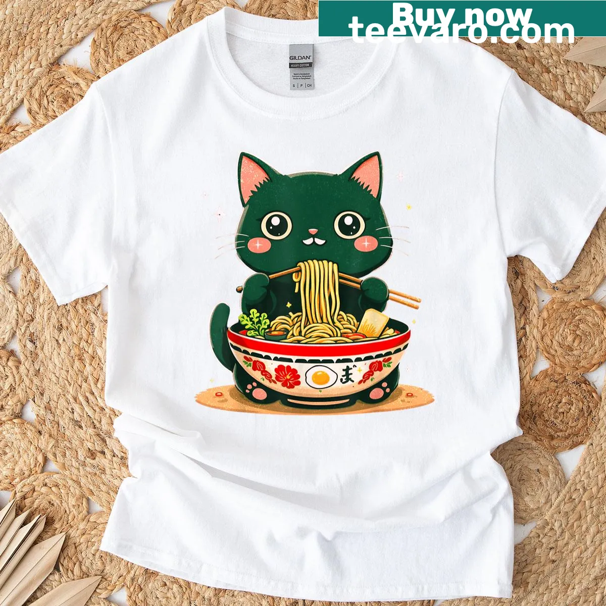 Vintage t-shirt featuring a kawaii cat eating ramen noodles. — on a men's t-shirt