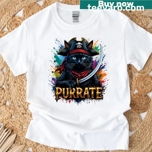 Illustration of a pirate cat on a T-shirt