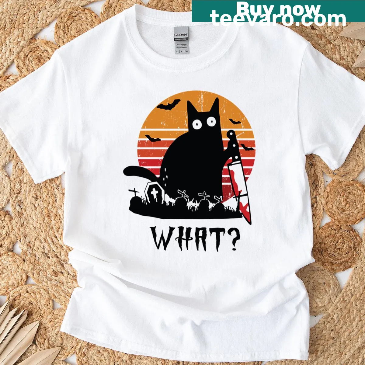 Funny Halloween t-shirt featuring a humorous black cat design. — on a men's t-shirt