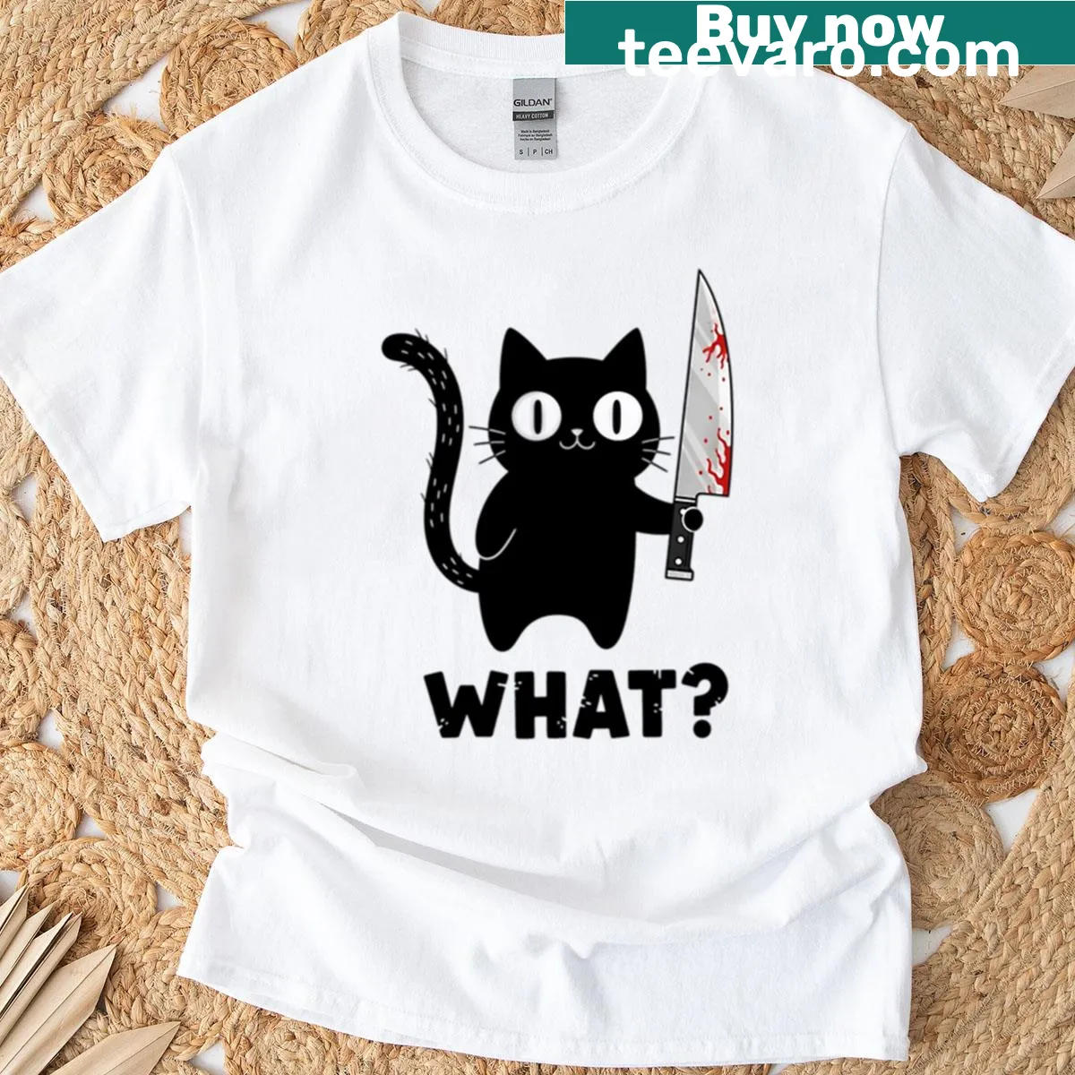 Funny T-shirt with a cartoon black cat holding a knife — on a men's t-shirt
