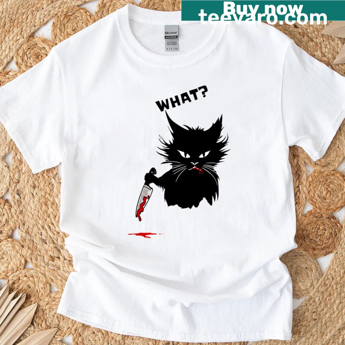 Funny T-shirt with the phrase 'Cat What Murder' in bold typography — on a men's t-shirt