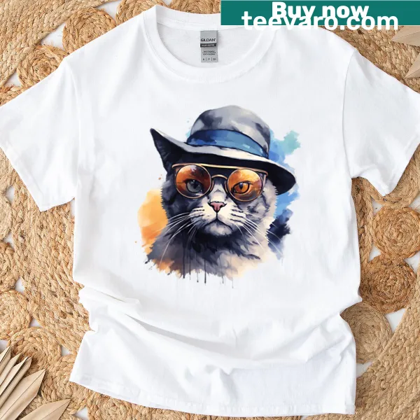 Cute cat wearing sunglasses and a hat in a cartoon style