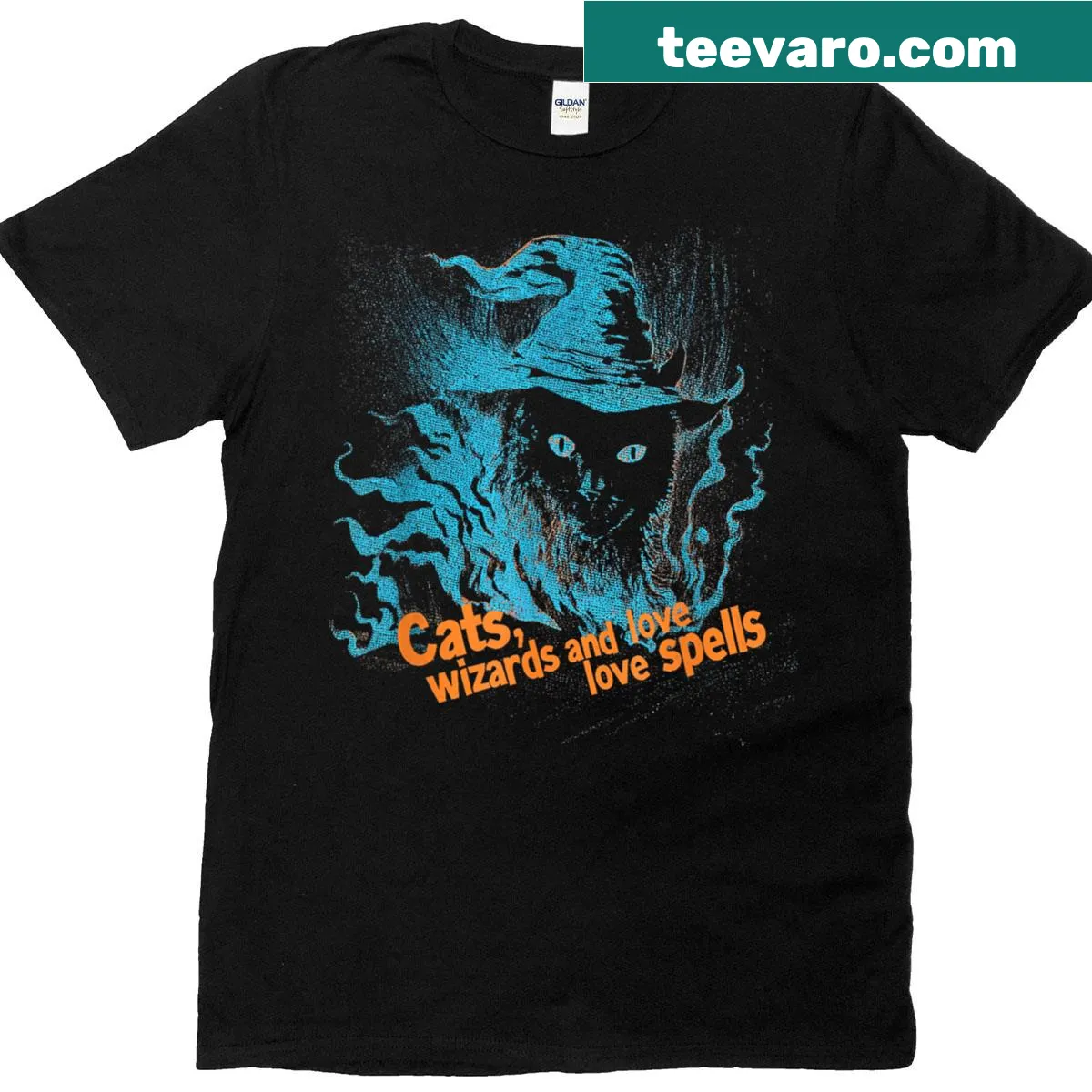 T-shirt featuring artistic design of cats, love spells, and occult symbols — on a men's t-shirt