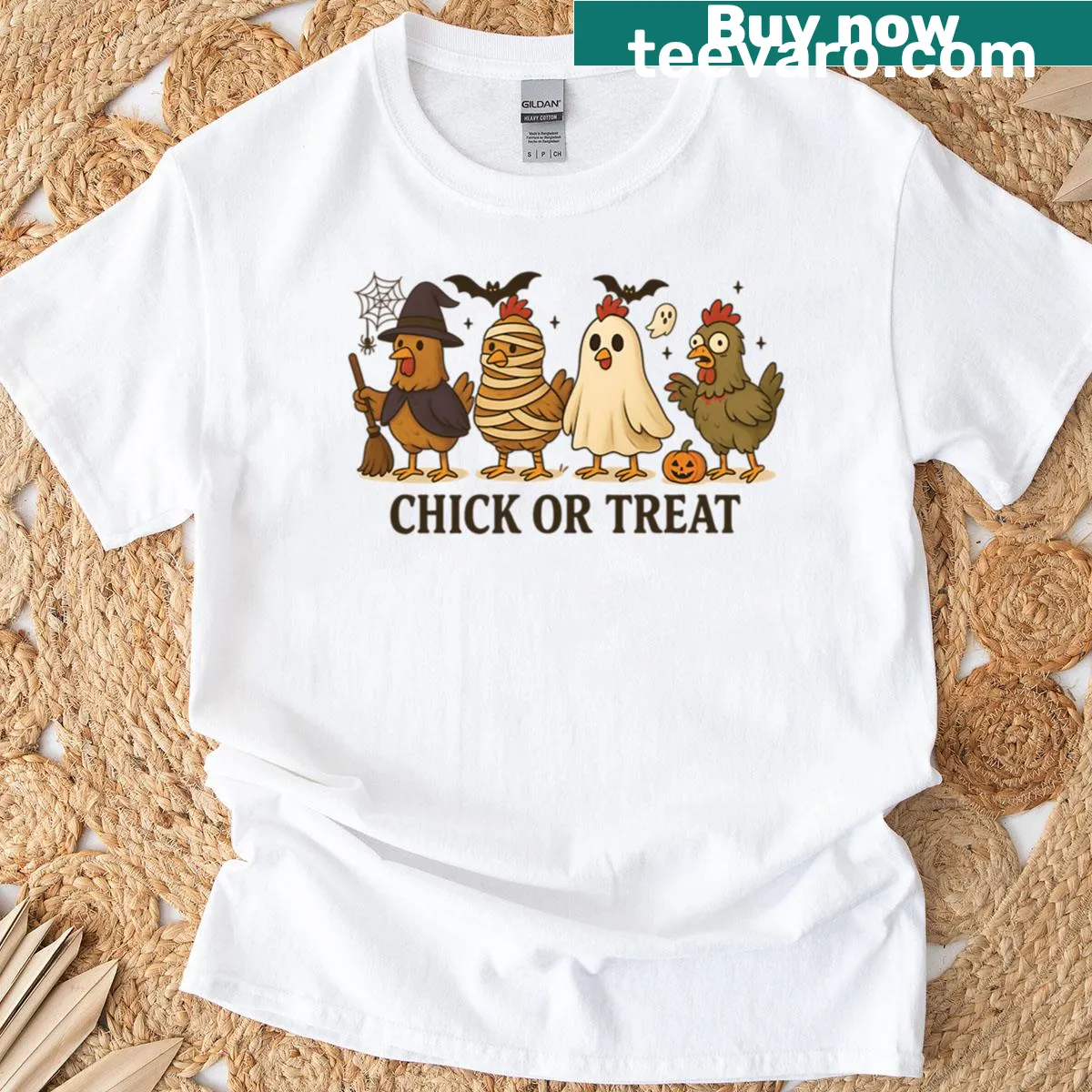 Funny Halloween t-shirt with a chicken and the phrase 'Chick Or Treat.' — on a men's t-shirt