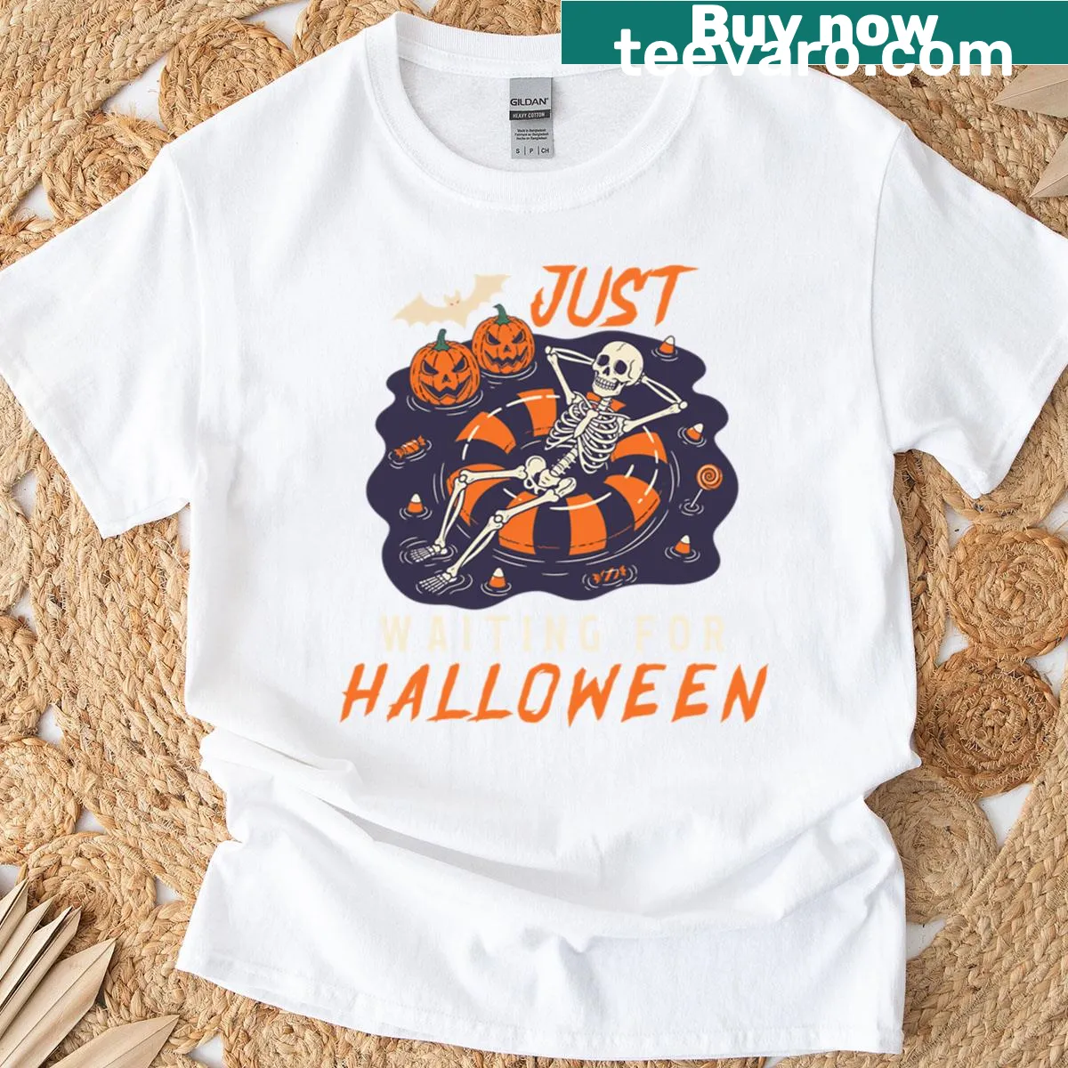 Cartoon skeleton design T-shirt celebrating Halloween anticipation — on a men's t-shirt