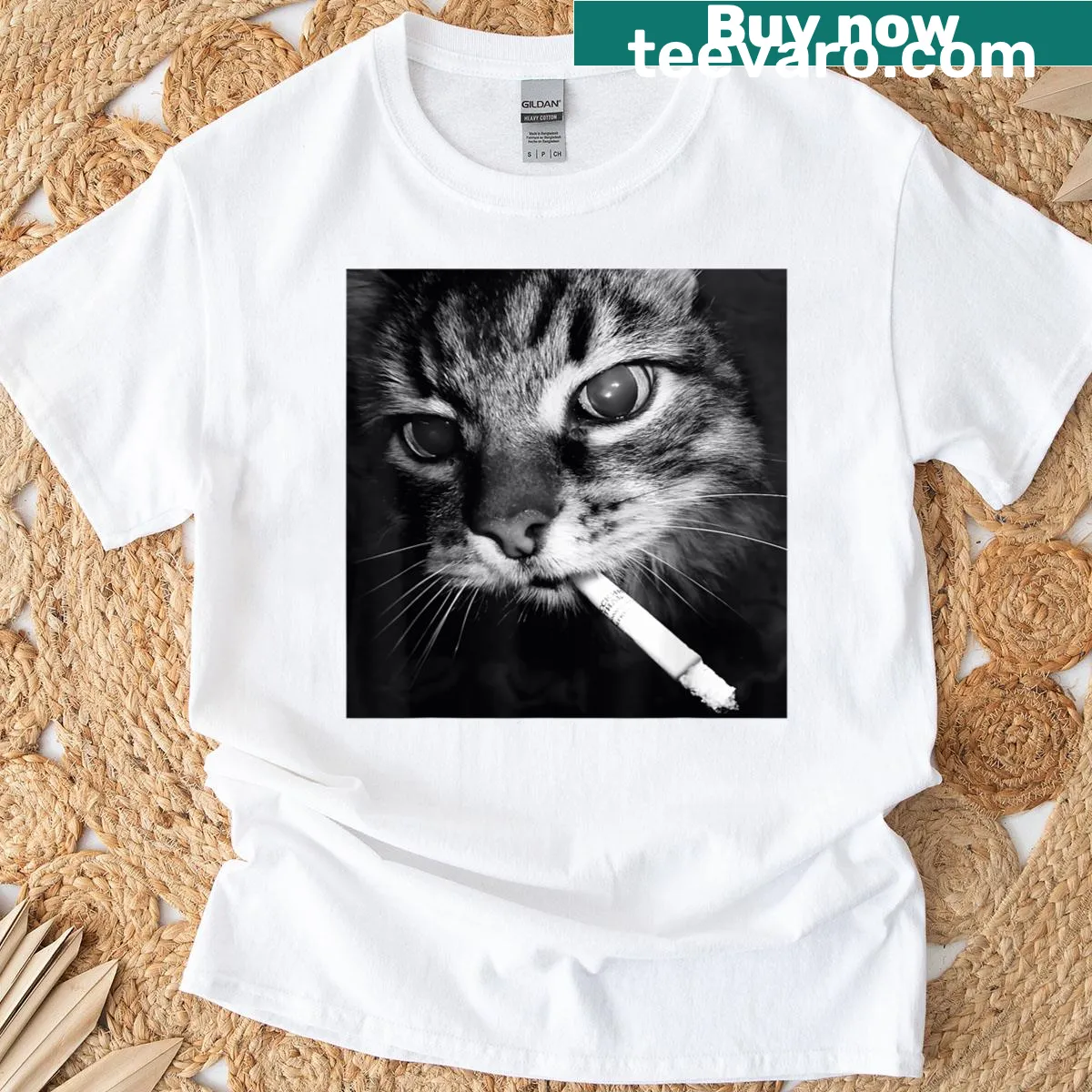 Cartoon kitten smoking a cigarette with humorous text — on a men's t-shirt