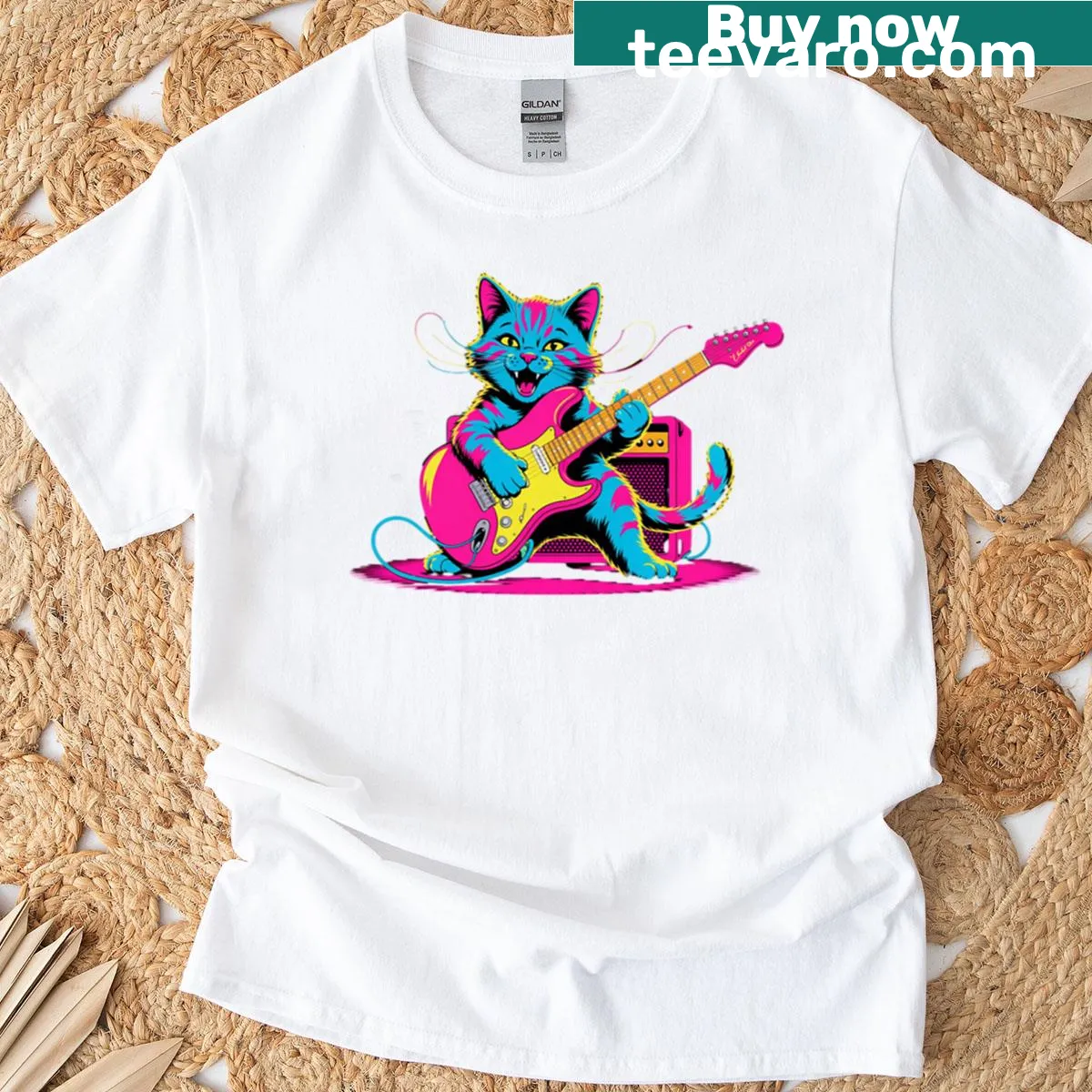 Illustration of a cat with a guitar in a playful musical design — on a men's t-shirt
