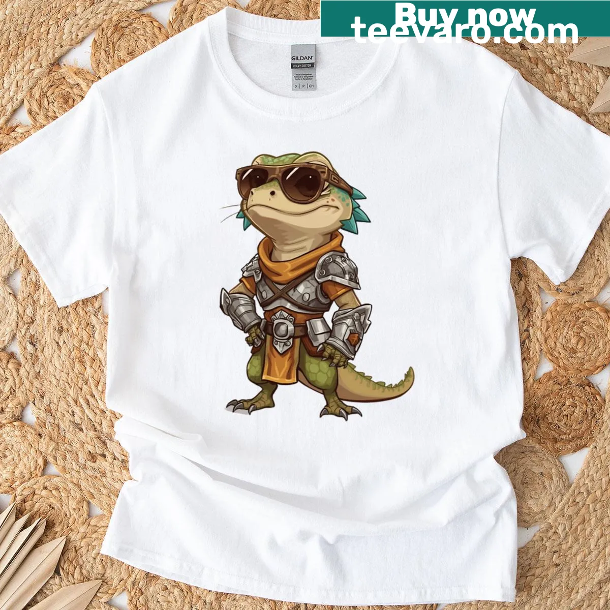 Illustration of a confident lizard knight wearing sunglasses — on a men's t-shirt