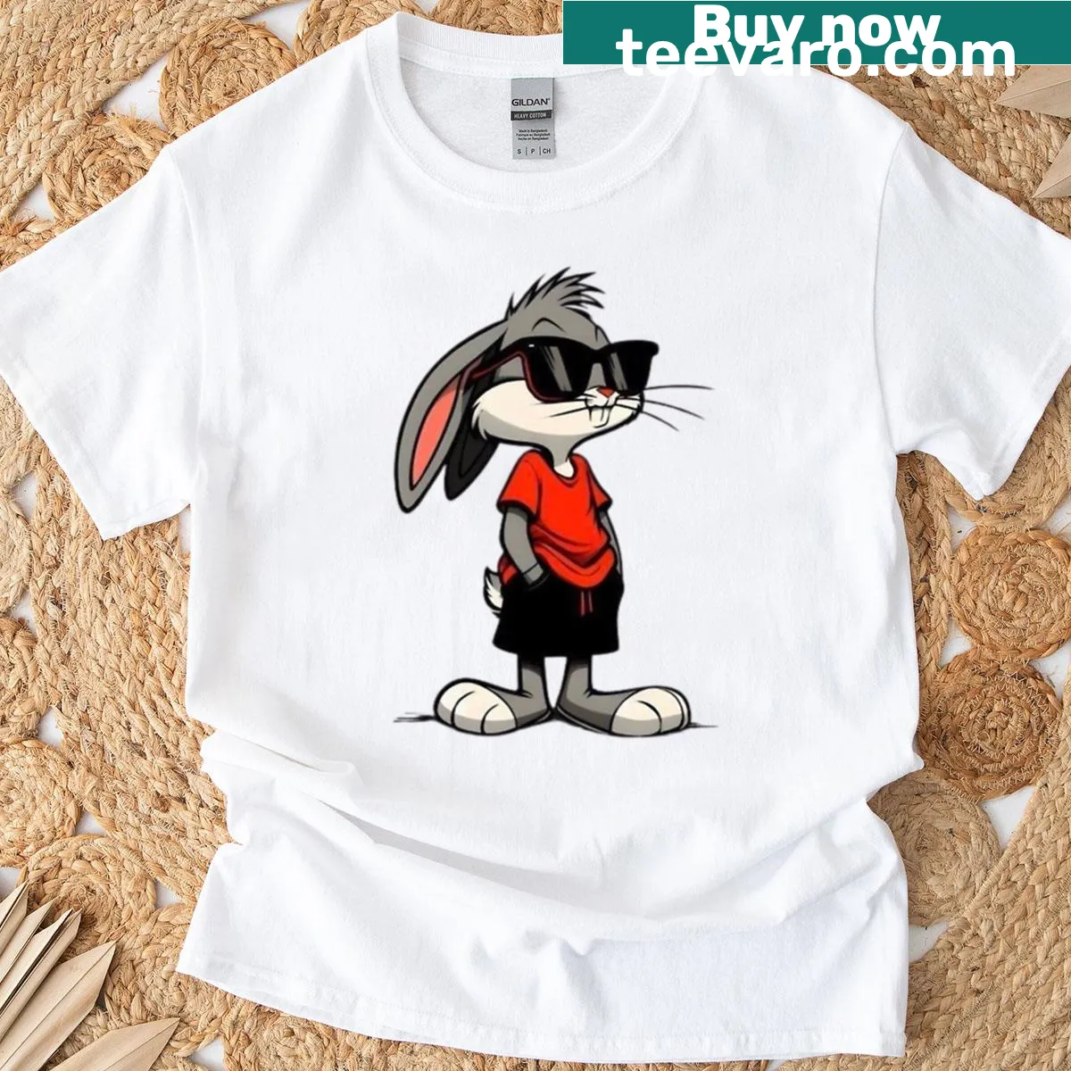 Cartoon t-shirt of a hipster bunny in sunglasses and shorts. — on a men's t-shirt